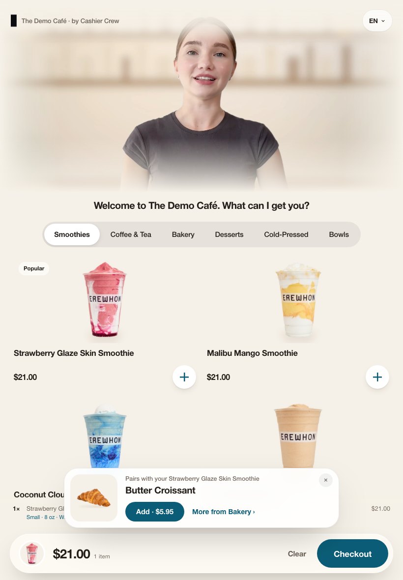 The Cashier Crew screen suggesting a butter croissant with a smoothie