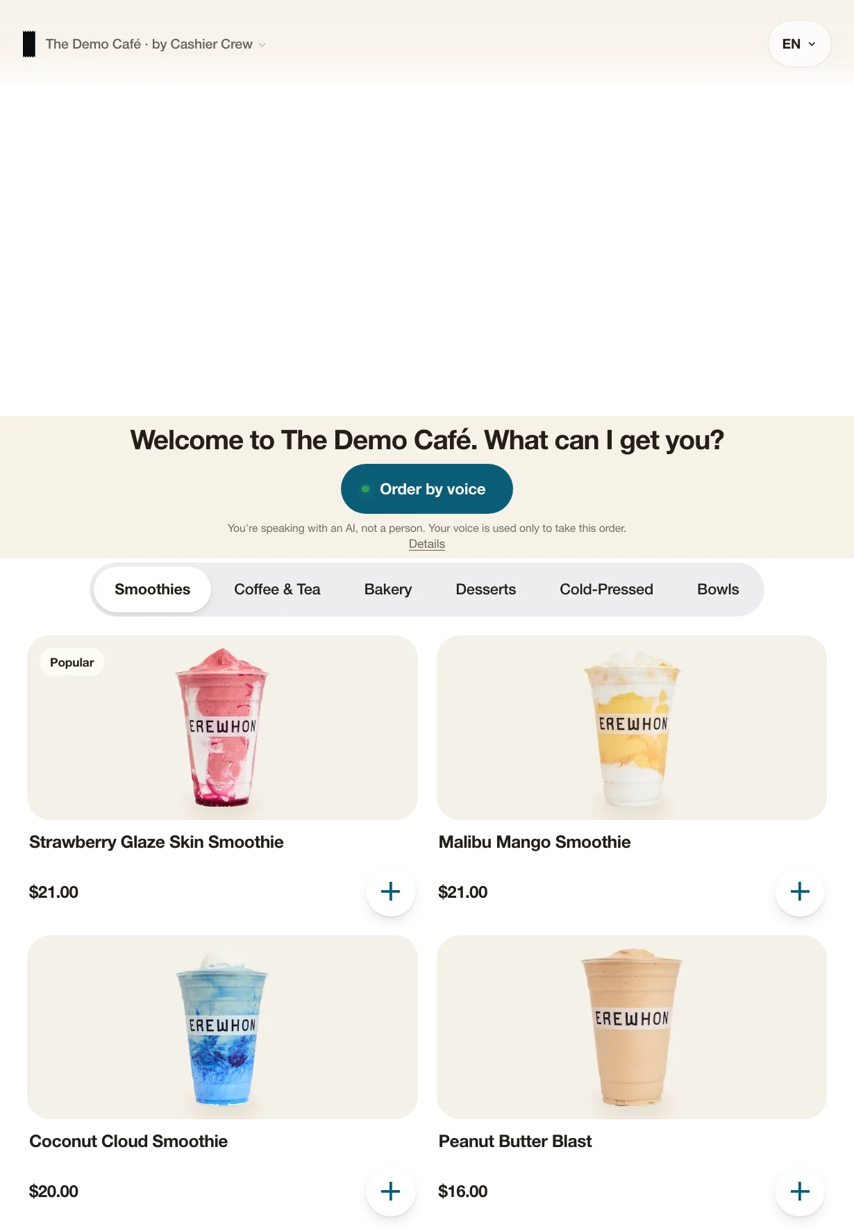 The AI cashier greeting a guest on the Cashier Crew screen